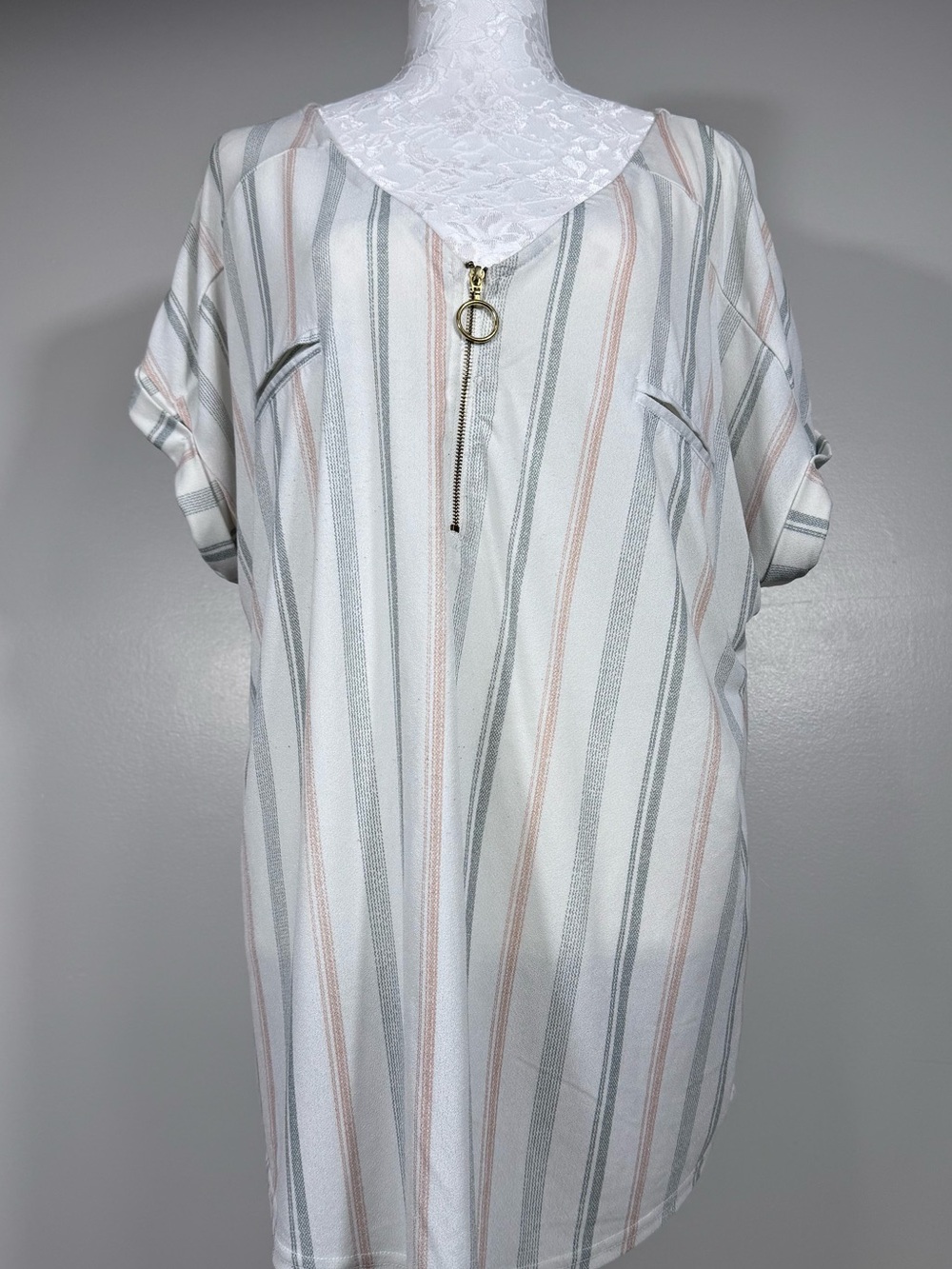 Striped V-Neck Blouse with Ring Zip - White, Gray & Blush